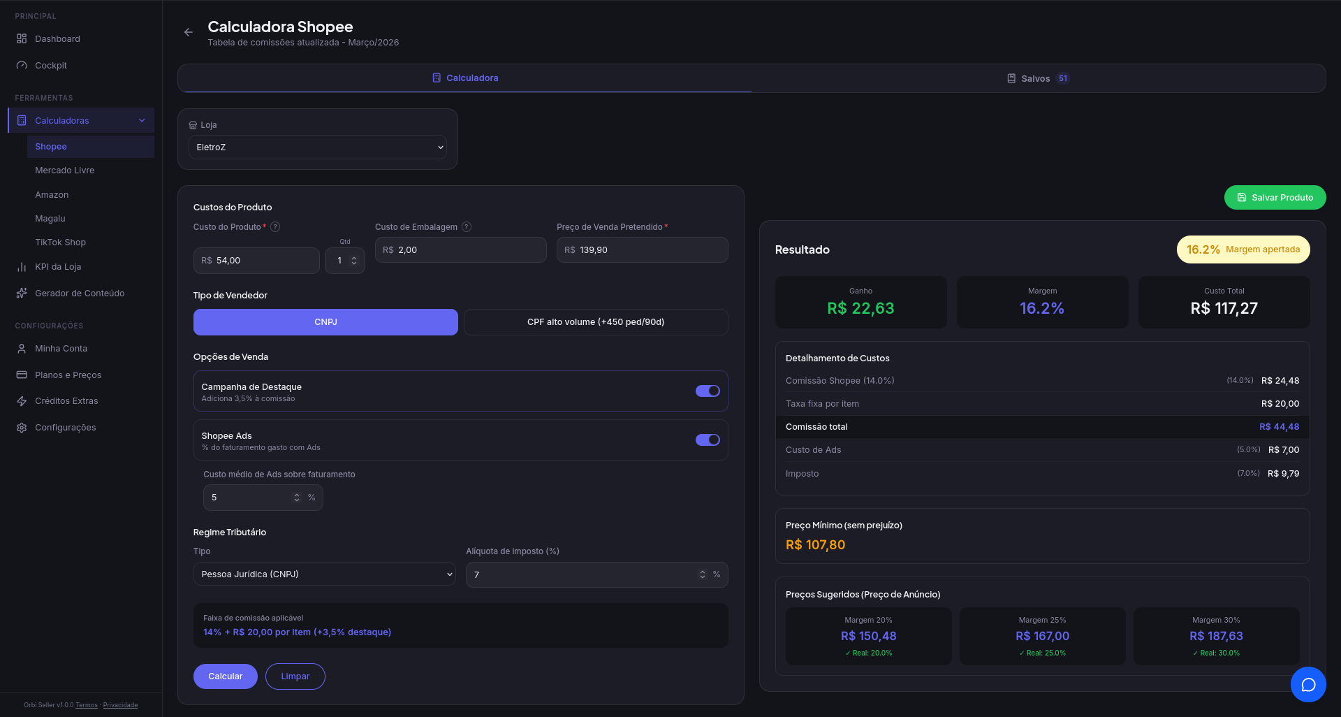 Calculadora de marketplace do Orbi Seller — tela 1