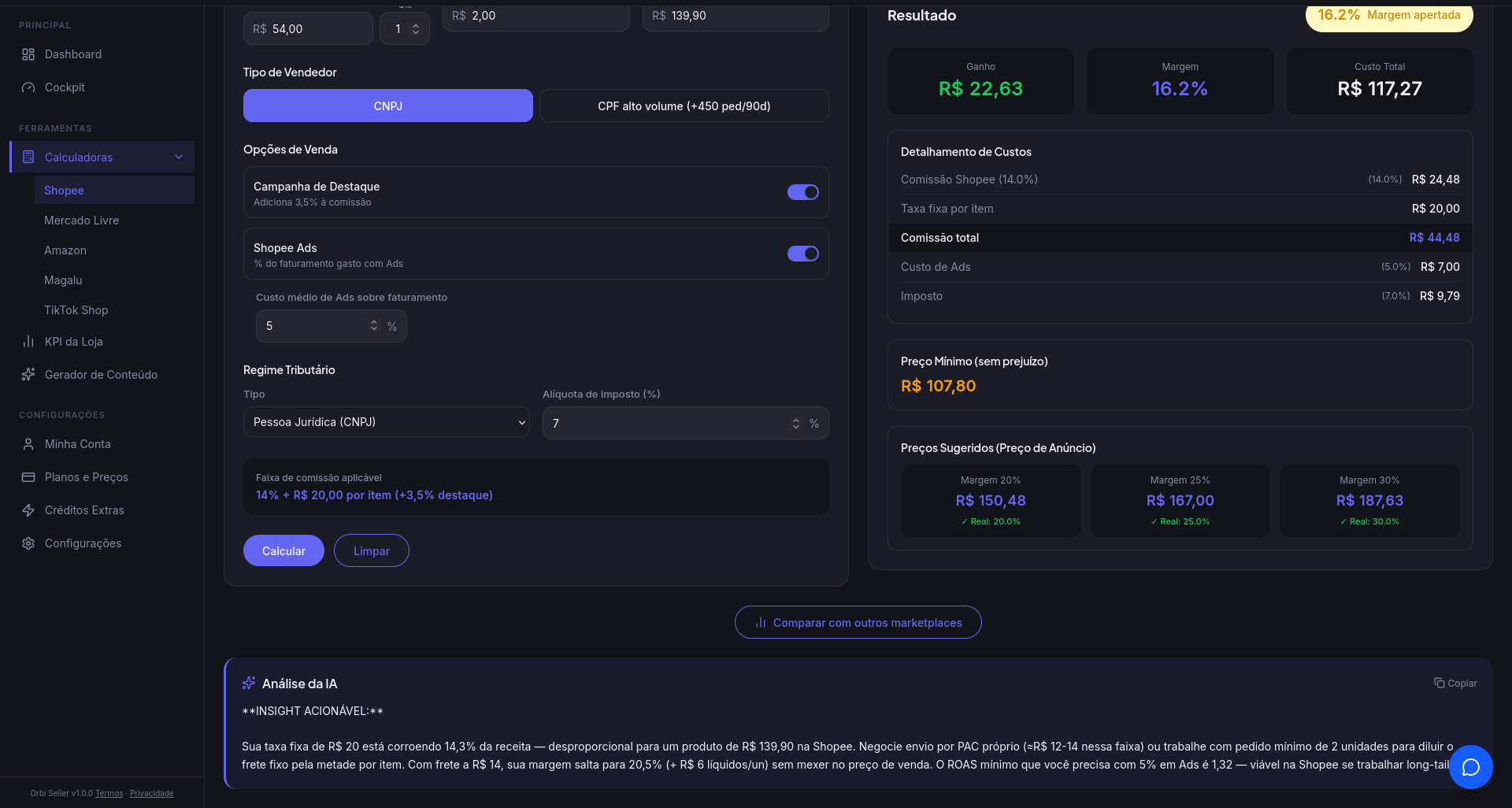 Calculadora de marketplace do Orbi Seller — tela 3