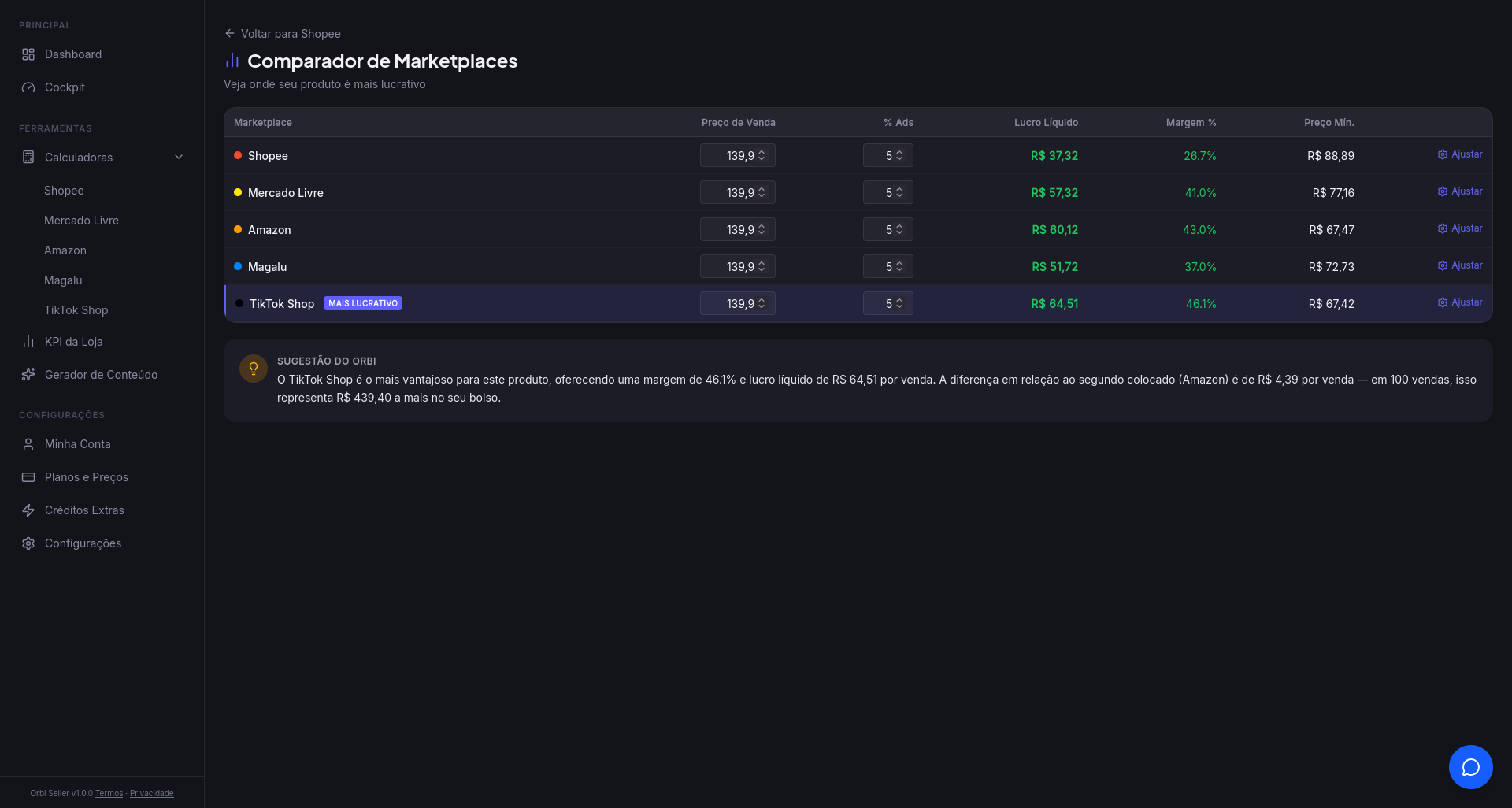 Calculadora de marketplace do Orbi Seller — tela 4