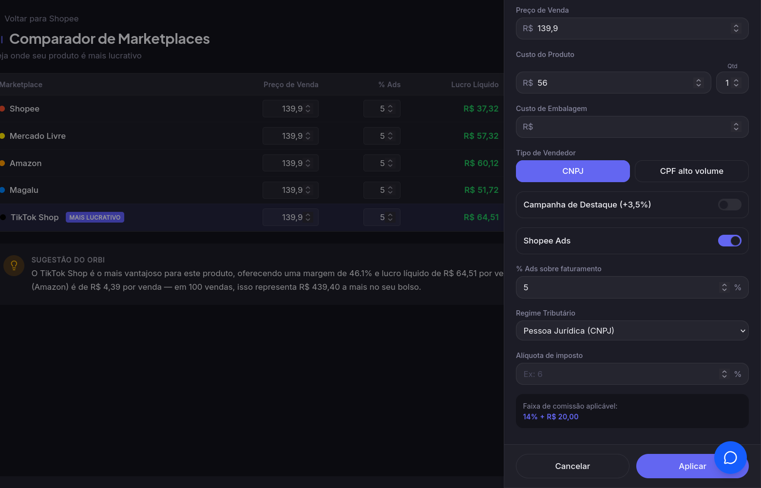 Comparador de marketplaces do Orbi Seller — tela 2
