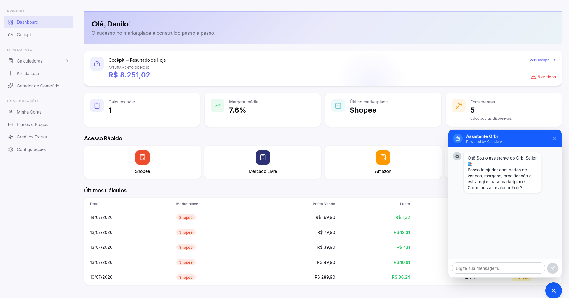Cockpit do Orbi Seller — tema claro
