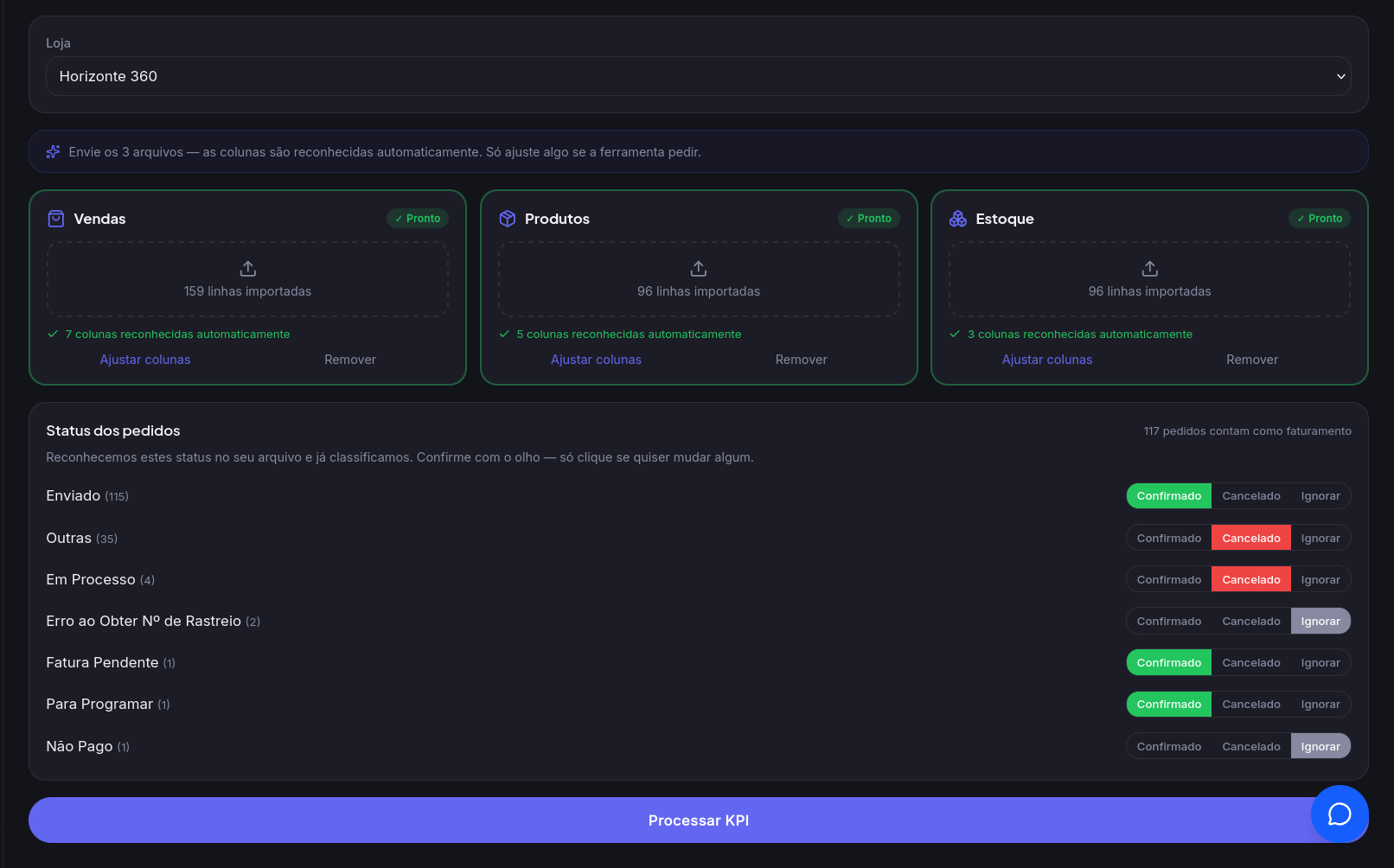 KPI da loja do Orbi Seller — tela 1
