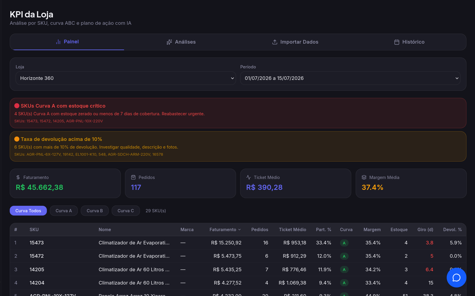 KPI da loja do Orbi Seller — tela 2